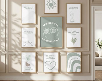 Therapy Office Wall Art Set, Mental Health Decor, Calm Sage Green Printable Posters, Healing Quotes Bundle, Therapist Office Art