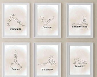 Set di 6 stampe yoga minimaliste - Arte murale digitale per benessere e forza / Poster di stretching, equilibrio e postura / Decorazione con download immediato