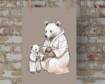 Bear Bathroom Art Print: Mother & Baby in Bathrobes (Digital Download)