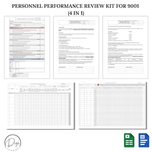 以下が含まれることがあります： 「PERSONNEL PERFORMANCE REVIEW KIT FOR 9001 (4 IN 1)」とラベル付けされた4つのドキュメントのコレクション。ドキュメントにはフォームとチェックリストが含まれています。画像には、Digi by Sonmeのロゴと、Microsoft ExcelとWordのアイコンも含まれています。
