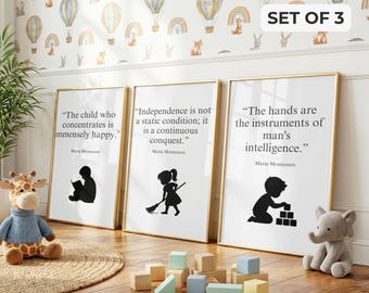 Montessori Wall Art Set of 3, Maria Montessori Independence Quote Prints, Nursery & Classroom Decor