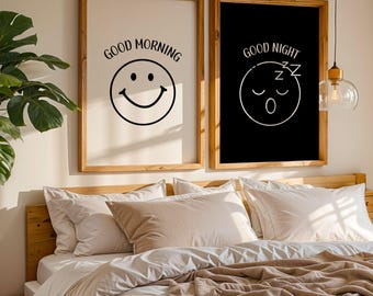 Juego de arte de pared con cara sonriente imprimible, póster de buenos días y buenas noches, decoración minimalista para dormitorio en blanco y negro, impresión digital de sonrisa bohemia.