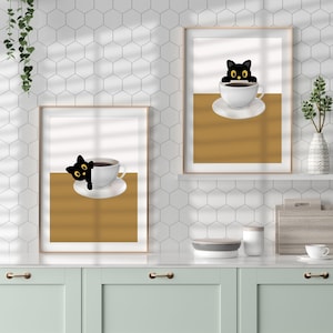 Black Cat Coffee Bar Prints: Whimsical Kitchen Wall Art (Set of 3, Digital Download)