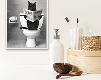Funny Black Cat Bathroom Print: Quirky Toilet Newspaper Art (Digital Download)