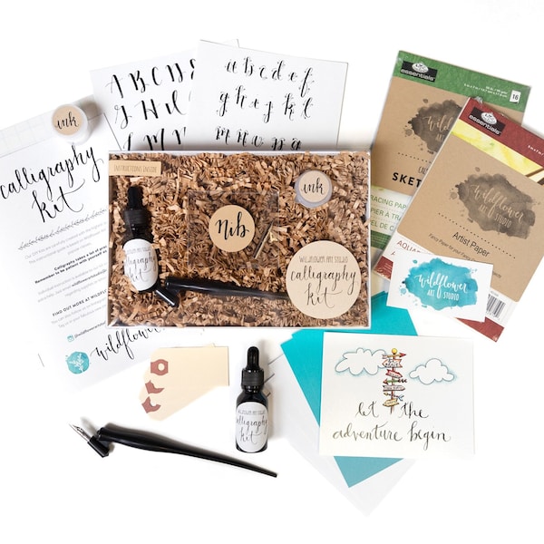 DIY Kalligraphie Starter Kit • Premium Bastelset für Erwachsene • Anfänger Kalligraphie Stift Set • Art Kit für Erwachsene • Arbeitsblätter + Zubehör