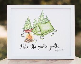 Art - Take the Gentle Path - Camping tent, Red canoe, Campfire, Adventure