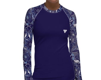 Women's Modest Swimwear, Blue Batik Paisley Print Rash Guard Swim Shirt, UPF 50 Sun Protection