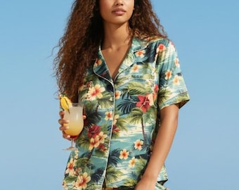 Women's Hawaiian Silky Pajama Top - Beach Vacation Hawaiian Honeymoon Cruise Pajamas