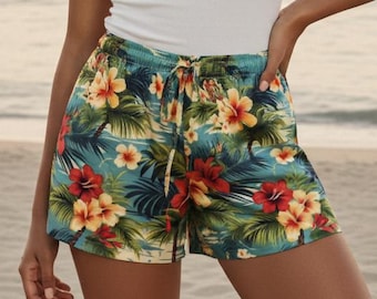 Women's Hawaiian Silky Pajama Shorts - Beach Vacation Hawaiian Honeymoon Cruise Pajamas