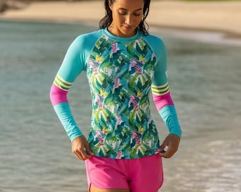 Sportief surf paddleboard dames Rashguard 'Hawaiian Floral Leaf' (UPF 50) XS-3XL