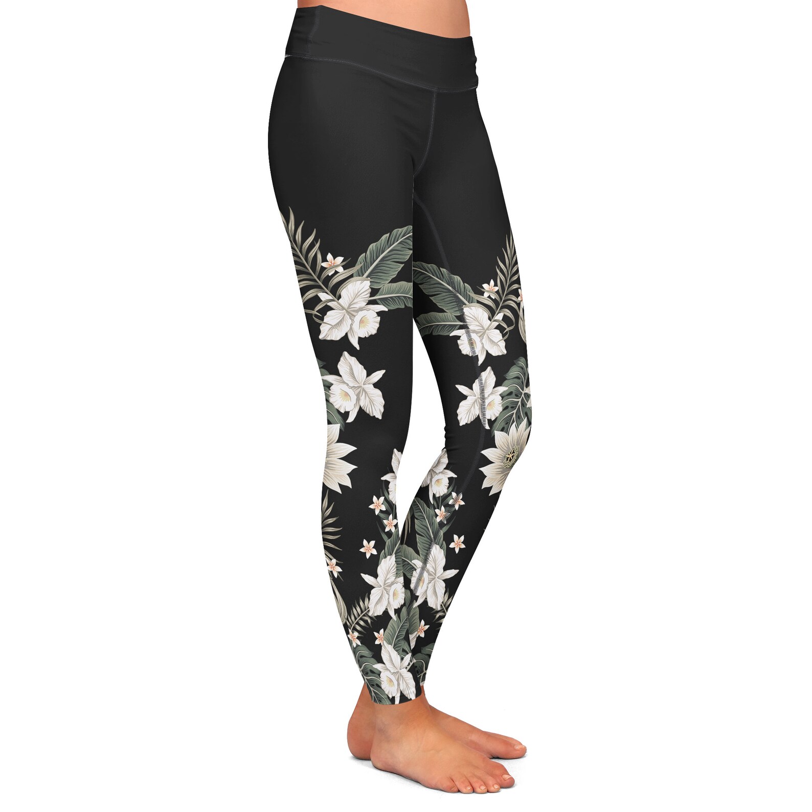 SUP Paddle Board Swim Leggings, UPF 50 Hawaiian Lily Black Floral Swim