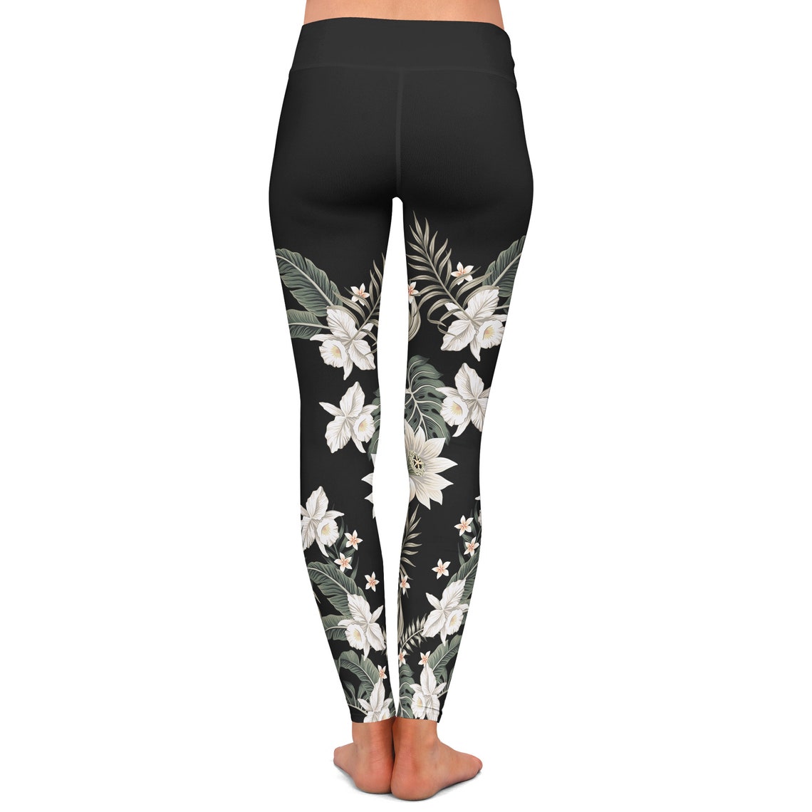 SUP Paddle Board Swim Leggings, UPF 50 Hawaiian Lily Black Floral Swim