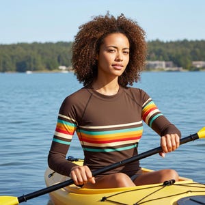 70s Style Striped Rash Guard: Women's Surf Top, UPF 50