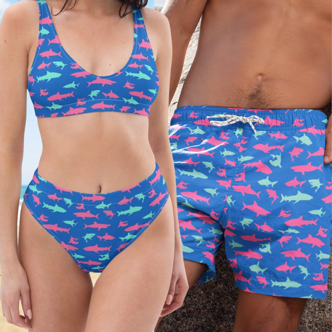 His Hers Matching Couples Swimsuit Set, Bikini + Swim Trunks - Ombre  Hibiscus Floral