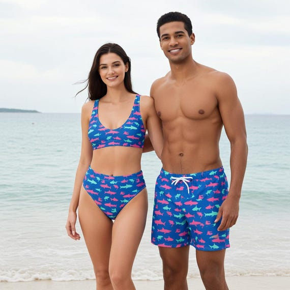 Matching Couples Swimsuit Set – Electric Blue Shark Bikini