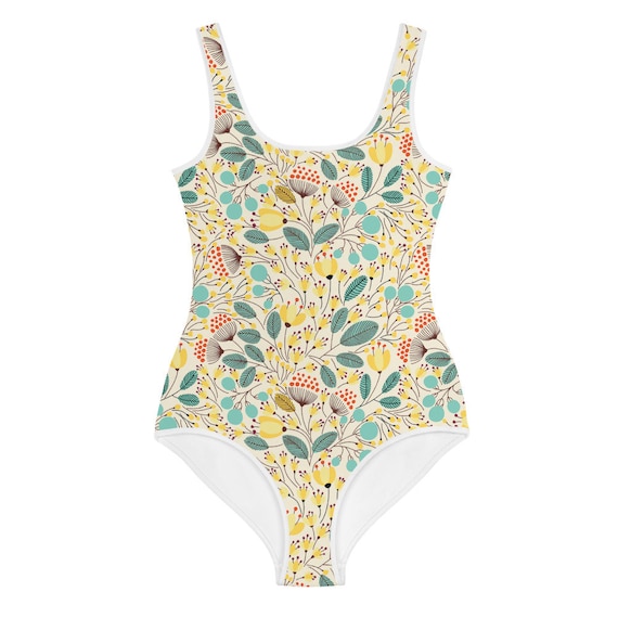 Girls Tween Vintage Style 60s 70s Floral 1 Pc Swimsuit 