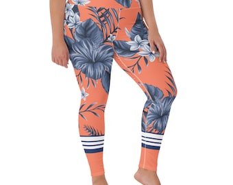 SUP Paddle Board Surf Swim Leggings - Coral, Navy Floral UPF 50+ swim pants