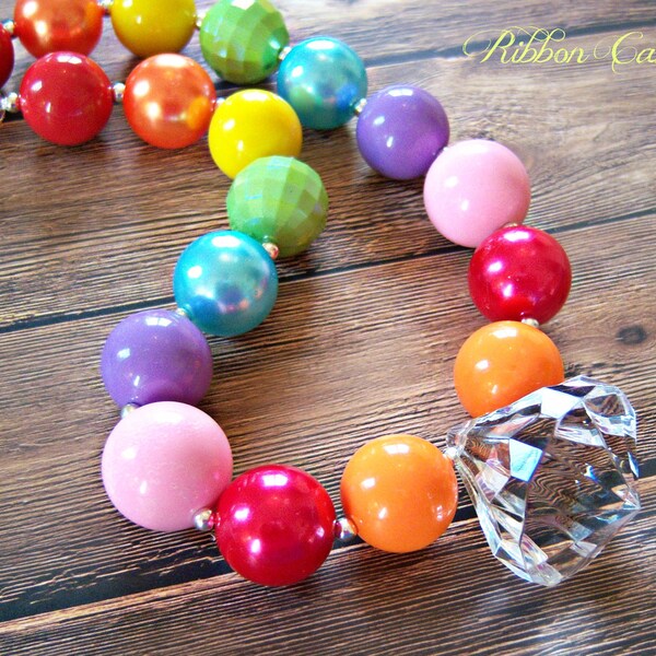 Sunshine Daydream Chunky Necklace - Rainbow acrylic diamond pendant necklace for Girls  - gumball, bubblegum beads