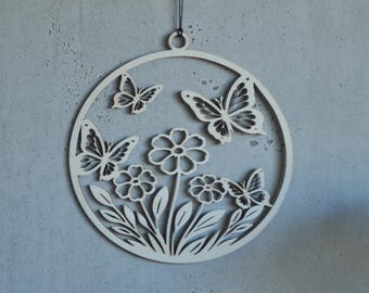 Wooden window decoration for spring, hanging window wreath, wooden door wreath, spring decoration with flowers and butterflies, wooden wall decoration