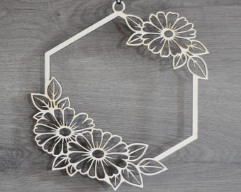 Wooden window decoration for summer, wooden window picture, summer window decoration, wooden floral decoration, hanging wall decoration, hexagon decoration with flowers
