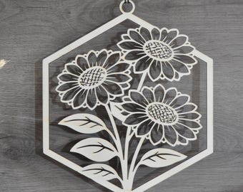 Wooden window decoration for spring and summer, wooden window picture, summer window decoration, wooden floral decoration, hanging wall decoration, decoration with sunflowers