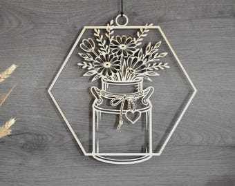 Wooden window decoration for summer, wooden window picture, summer window decoration, wooden flower decoration, wall decoration for hanging, decorative hexagon