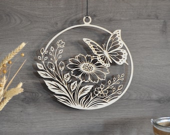 Wooden window decoration for spring, hanging window wreath, wooden window decoration/door wreath, spring decoration with flowers and butterflies, wooden wall decoration