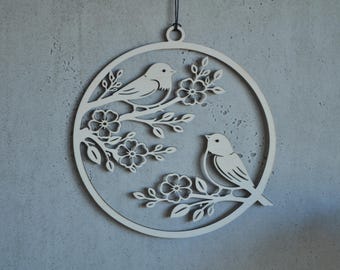 Wooden window decoration for spring, window ornament, hanging window wreath, wooden door wreath, spring decoration with birds and plants, wooden wall decoration