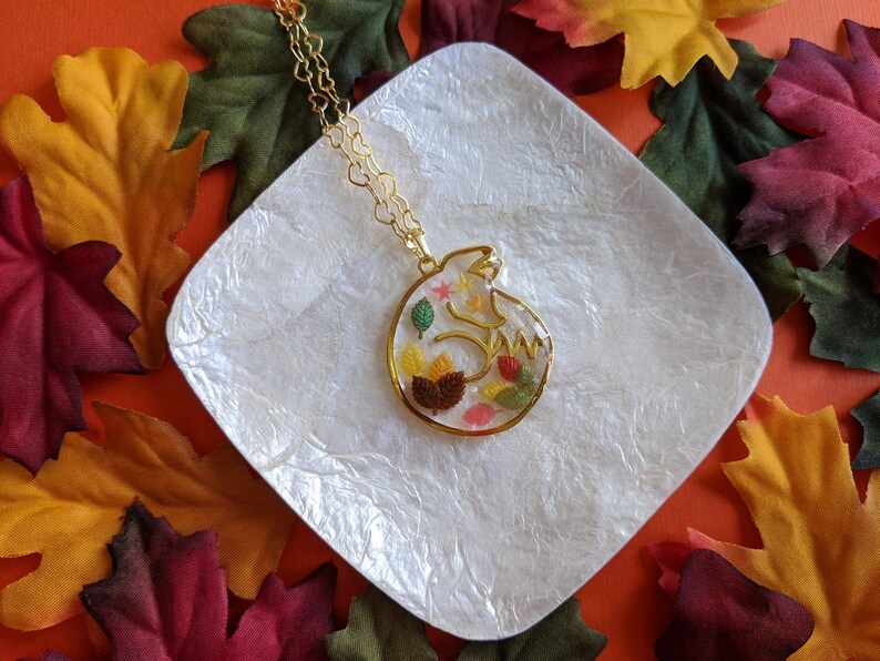 Transparent Autumn Fox Necklace with Glittering Fall Leaves image 1