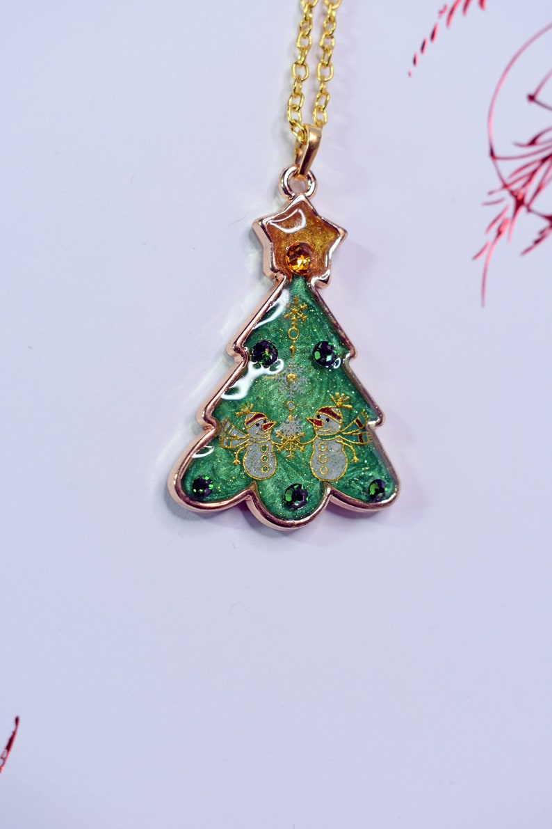 Christmas Tree Snowmen Resin Pendant Necklace image 2