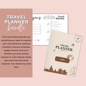 Può includere: Un set di planner di viaggio con una copertina beige che presenta una città, un aereo e la parola "PARIGI". Il set include un itinerario di viaggio e liste di controllo per l'imballaggio.