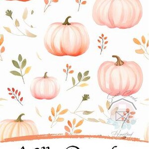 May include: A watercolour illustration with peach and orange pumpkins and autumn leaves in orange, green, and yellow. The words "Hello Pumpkin" are written in a script font at the bottom of the image.