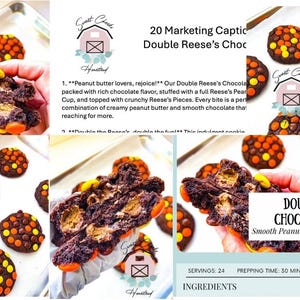 Peut inclure: Gros plan sur des Double Reese's Chocolate Cookies sur une plaque de cuisson. Les cookies bruns foncés sont garnis de bonbons colorés et fourrés au beurre de cacahuète. Le texte sur l'image dit "Double Reese's Chocolate Cookie".