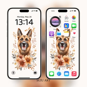 German Shepherd Smartphone Wallpaper | Phone Background | Smiling Dog With Flower Wreath | Phone Lockscreen, Digital Download