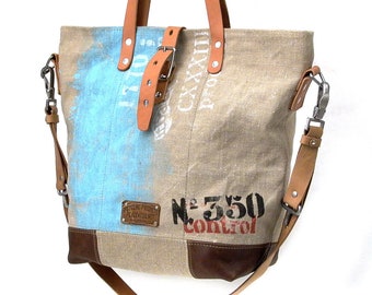 Canvas Shoulder Bag Made Of Canvas, Canvas Handbag,Recycled Material Bag,Hand-printed Tote,Unisex Tote,Handcrafted by peace4you 2141