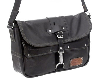 Handmade Upcycled Black Leather Messenger Bag: Vintage Courier Crossbody 2120