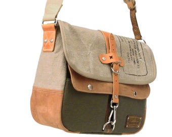 Upcycled Canvas Leather Duffel Bag Messenger,Recycled Cross Body Bag, Recycled Military Surplus Material,Unisex peace4you 2215