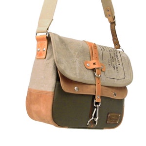 Upcycled Canvas Leather Duffel Bag Messenger,Recycled Cross Body Bag, Recycled Military Surplus Material,Unisex peace4you 2215 zdjęcie 1