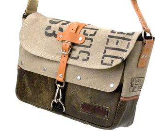 Canvas Messenger Bag,Crossbody Laptop,Unisex Bag,Recycle Army Surplus Bag,Recycle LeatherBag,upcycled Bag,in-house production,peace4you 2023