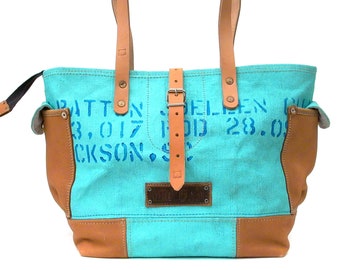 Turquoise varnished Handbag Shoulder Bag Top Handle Bag Varnish Coated Recycled Army Postbag Upcycled Handmade in Europe - 2019