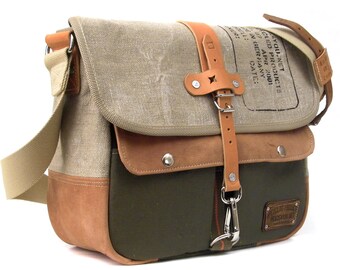 Upcycled Canvas Leather Duffel Bag Messenger,Recycled Cross Body Bag, Recycled Military Surplus Material,Unisex peace4you 2215