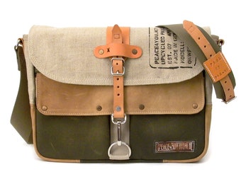 Canvas Messenger Recycled Bag,Beige Crossbody Bag,Military Surplus Bag, Upcycled Bag,Vintage Messenger, Unique Satchel,Handmade - 2037