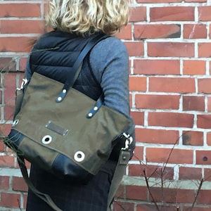 Olive Handbag, Recycled German Navy Kitbag Shoulder Bag, Cross Body Bag,Top Handle Leather Upcycled Handbag with Zipper by peace4you 1896