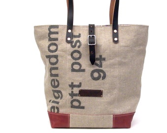 Top Handle Tote, Beige Canvas Handbag, Market Bag, Beach Bag, Canvas Tote Bag, Unisex Bag, Recycled Dutch Postbag / Upcycled in GERMANY-2173