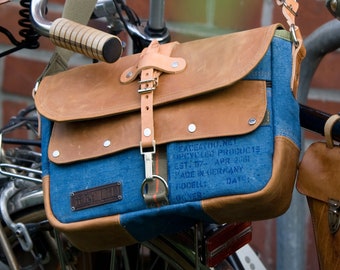 Handmade Light Blue Canvas Leather Messenger Bag: Upcycled Military Postbag
