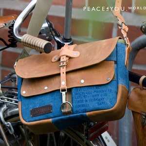 Light Blue Canvas Leather Messenger Bag: Upcycled Military Postbag