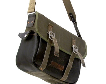 Olive Canvas Leather Messenger Bag,Crossbody Messenger,Recycled Military Seabag,Recycled Leather / Upcycled / Handmade in Europe / 2082