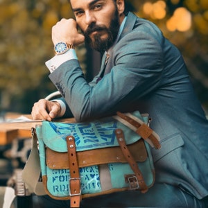 Upcycled Canvas Messenger Bag: Turquoise Painted Crossbody Post Bag