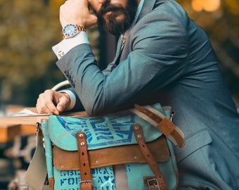 Upcycled Canvas Messenger Bag: Turquoise Painted Crossbody Post Bag