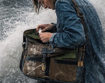 Handmade Upcycled Canvas Messenger Bag: Distressed Leather Crossbody 2181